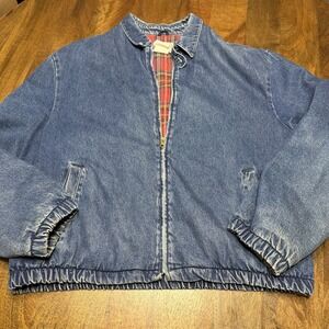 Vintage LL Bean Jacket Zip Up Denim Chin Strap Lined 90s Bomber Flannel Lined LT